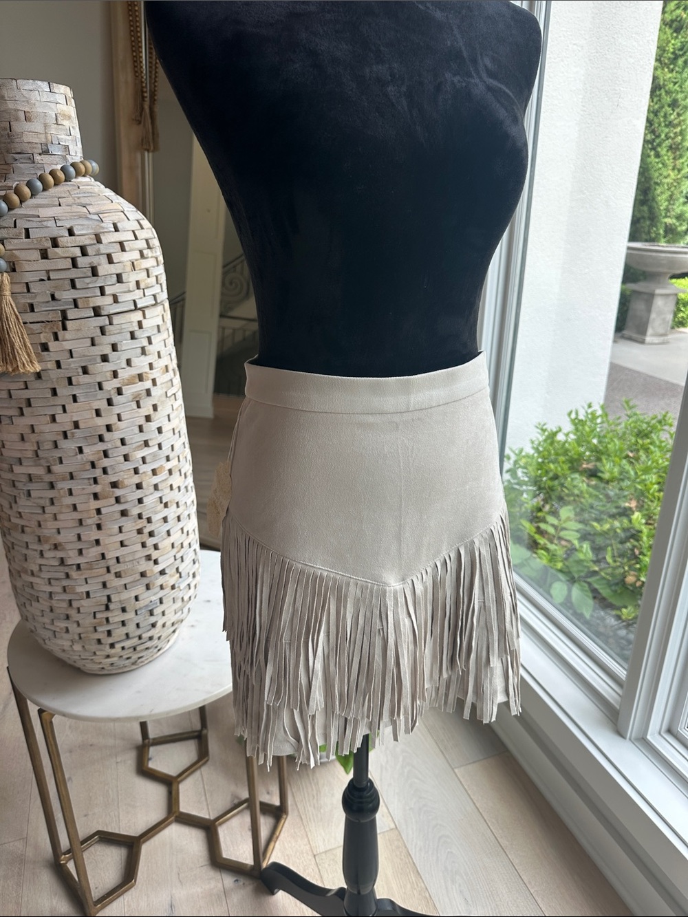 Altar'd State Beige Suede Fringe Mini Skirt